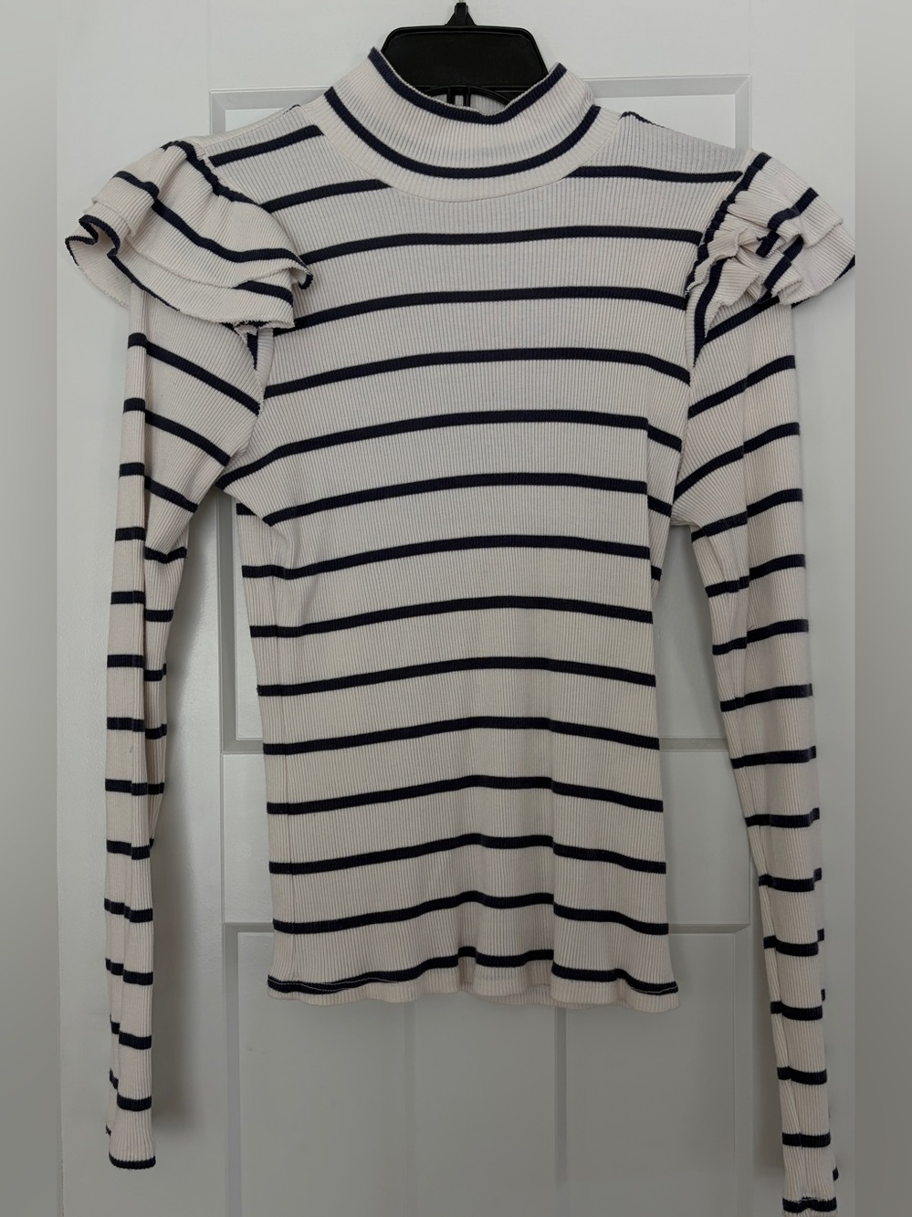 T.La Cream and Navy Stripe Ruffle Shoulder Long Sleeve Top
